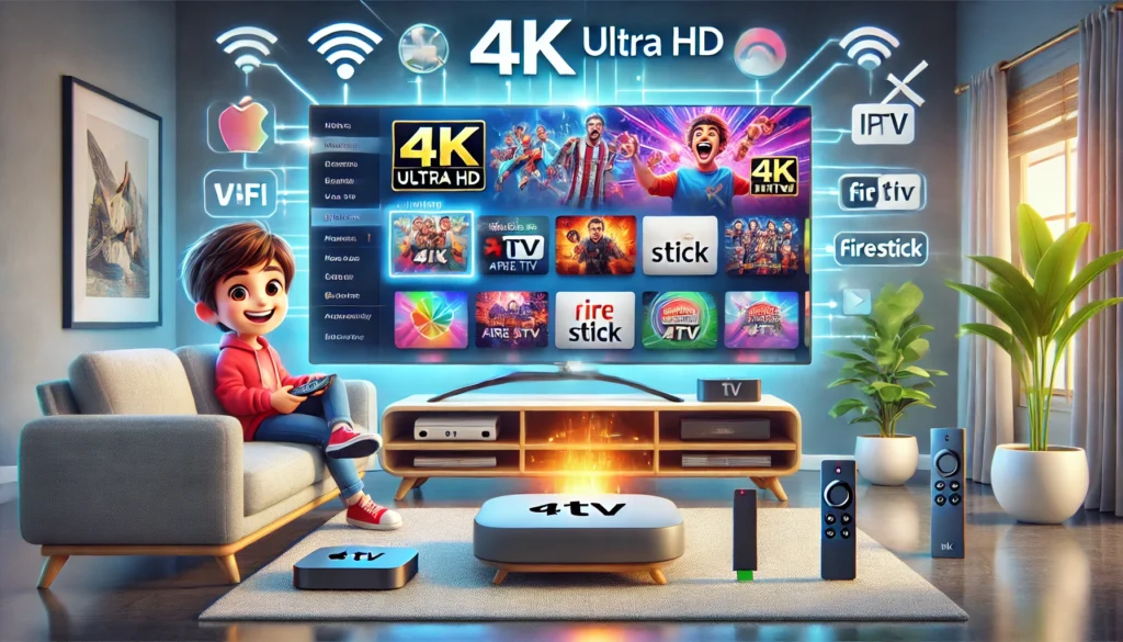 Interface Abo IPTV 4K affichée sur Smart TV en streaming Ultra HD