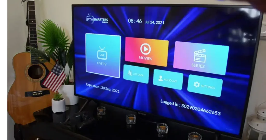 Interface Smarters Pro 2025 affichée sur Smart TV avec chaînes IPTV